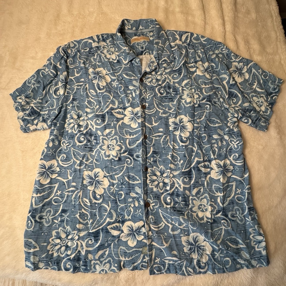 Tommy Bahama Mens‎ XL Blue Floral Hawaiian Camp Shirt 100% Silk Button Front